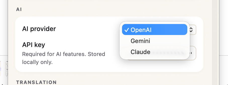 AI provider dropdown with OpenAI, Gemini, and Claude