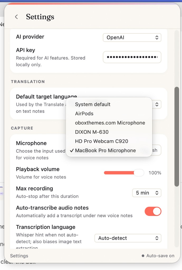 Capture settings for microphone, volume, and transcription