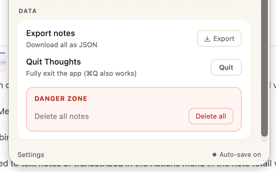Data settings with Export, Quit, and Delete all