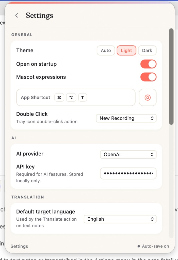 Settings showing General and AI sections with API key field
